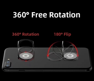 Universal metal phone ring holder showing 360 rotation and 180 flip on a dark backplate
