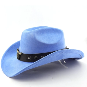 Detail of blue suede cowboy hat featuring black leather band and metal bull head ornament