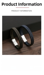 Detail view of 21cm handmade braided leather bracelet with alloy magnetic clasp