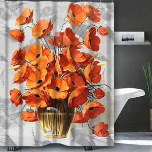 Tenda da doccia floreale moderna con papaveri arancioni in un vaso e ombre grigie artistiche