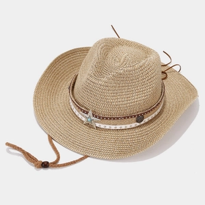 Straw cowboy hat with star emblem and turquoise bead detail for summer sun protection