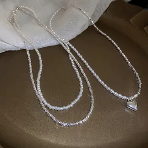 Double-layered retro silver beaded heart necklace with elegant white pearls for women