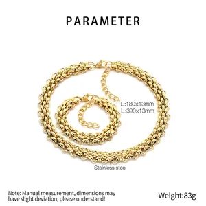 Detailed view of woven golden stainless steel chain set with length and weight specs