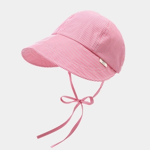 Pink and white striped baby sun hat with tie strap and small letter R side label