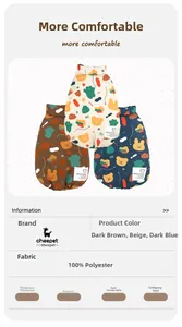 Close-up of quilted polyester pet vests in dark brown, beige, and dark blue with cartoon prints