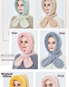 Detail of plush faux fur hooded scarf set with snowflake texture in various colors