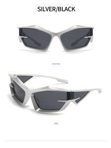 Front and side views of silver geometric Y2K sunglasses with black lenses in high detail