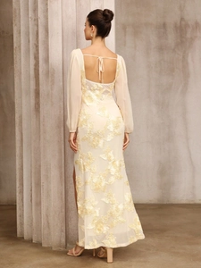 Elegant cream floral embroidery maxi dress with square neck and side slit detailing