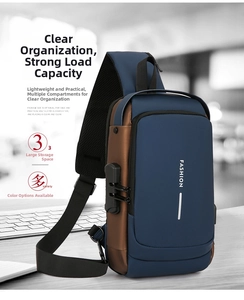 Detail view of anti-theft security lock and reflective strip on the men's chest bag