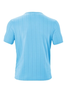 Close-up of light blue men's sport tee showing breathable micro-grid fabric texture