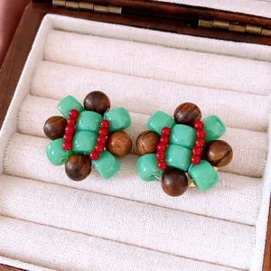 Beaded Stud Earrings With Wood Resin Cluster Geometric Ethnic Style Handmade For Women Silver Earring Post
