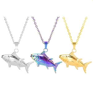 Detailed view of fish-shaped necklaces in silver, gold, and rainbow vacuum plating