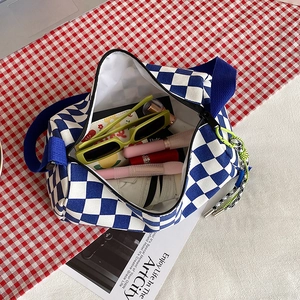 Blue and white checkered canvas Boston bag with high capacity and wide shoulder strap