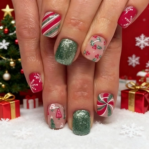 Christmas Press On Nails Short Square ABS Fake Nails Snowflake Glitter Green Red Sweet Xmas Manicure For Women Festive