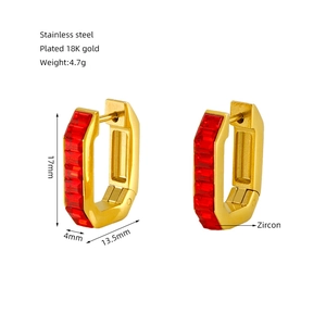 Detail view of 18K gold plated octagon earrings with red zircon and size measurements