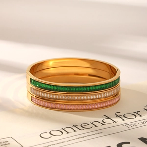 Classic gold plated stainless steel bangles with green, white, and pink zircon stones