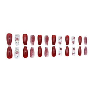 Set di 24 unghie finte a ballerina con motivi marmo rosso e fiori, finitura lucida
