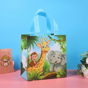 Sky blue non-woven cartoon bag with forest animal illustrations for kids party