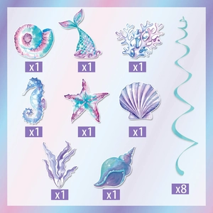 Detail set of mermaid party decorations featuring 16 pieces with colorful sea animal cutouts