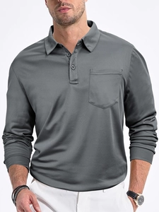 Detail of grey mesh long sleeve polo shirt showing the collar, buttons and chest pocket