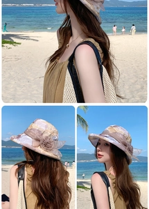Detail of summer sun hat featuring 3D floral decoration and translucent ribbon accent
