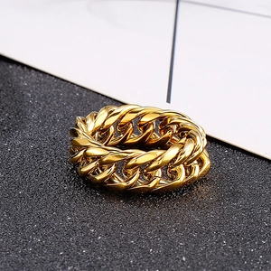 Macro shot of gold stainless steel Cuban chain ring showing intricate texture and polish