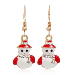 Close-up of snowman Christmas earrings with red and white oil drip and shiny rhinestones