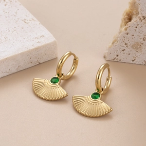 Elegant gold fan-shaped stainless steel earrings with emerald green zircon accents