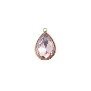 Detail view of water drop shaped pink crystal pendant with golden metal frame and loop