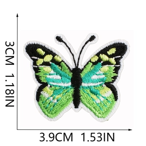 Detailed butterfly embroidery patch in green and black with precise 3.9cm x 3cm size markings