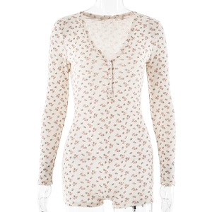 Combishort à fleurs col en V manches longues beige avec détails de boutons slim
