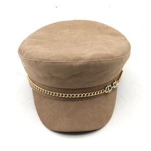 Classic khaki cotton newsboy cap with gold chain and rhinestone buckle accent
