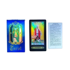 Deep blue laser tarot card set with The Magician card and English guidebook