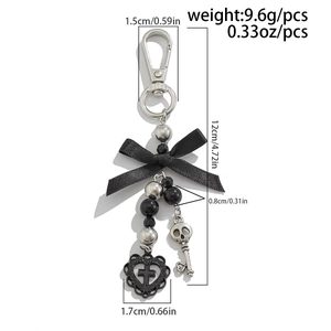 Detailed size specifications for beaded bow keychain with heart and skull charms
