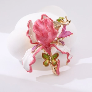 Luxurious vintage floral enamel brooch with golden fairy and butterfly design on petals