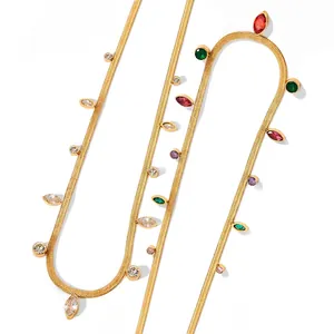 Gold flat snake chain necklace with multicolored geometric zircon fringe for women