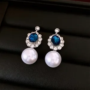 French vintage oval blue crystal and white pearl drop earrings with diamond accents