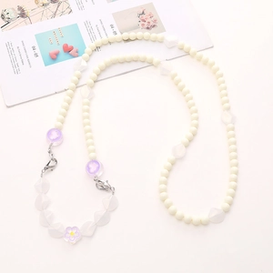 Acrylic beaded crossbody chain with heart beads and purple flower for phone cases