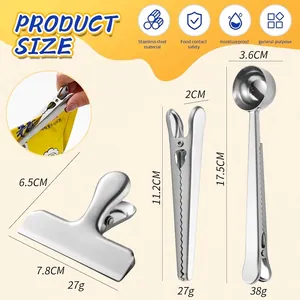 Set of stainless steel food sealing clips and coffee measuring spoon with dimensions