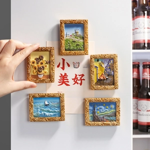 3D resin Van Gogh famous paintings fridge magnets set with vintage gold relief frames