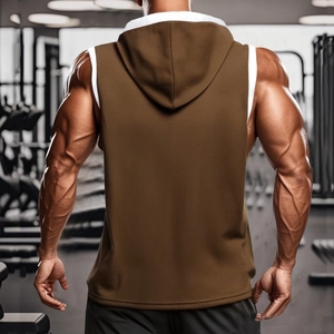 Men's coffee brown fitness tank top with white piping and breathable mesh fabric
