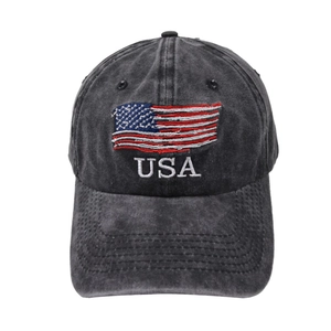 Washed black denim baseball cap with USA embroidery and American flag patch details