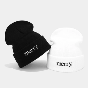 Merry Letter Embroidery Knitted Beanie Acrylic Warm Winter Cuffed Hat Minimalist Outdoor For Men Women