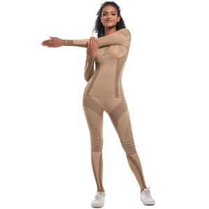 Close-up of seamless compression yoga set featuring breathable texture and supportive panels