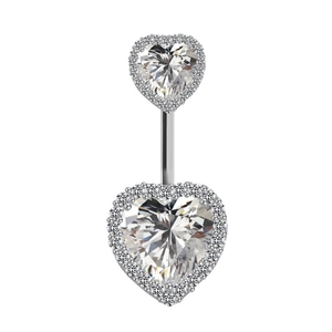 Silver belly button ring with double heart-shaped cubic zirconia and halo diamond accents