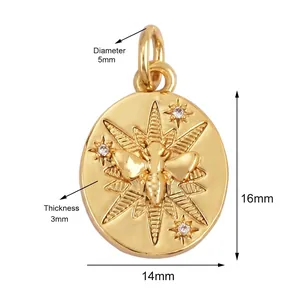 Detail of gold bee starburst oval pendant showing 14x16mm size and weight specs