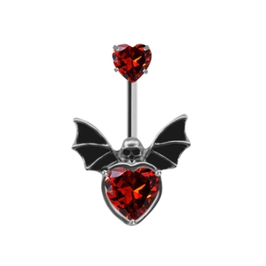 Silver belly button ring with red heart gemstone, black bat wings and skull design