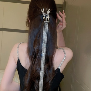 Détail d'une pince à cheveux papillon argentée avec de longs glands en strass brillants