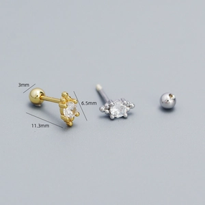 S925 sterling silver stud earrings with cubic zirconia and screw back detail dimensions