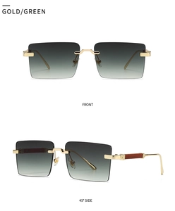 Vorder- und Seitenansicht der goldenen randlosen Sonnenbrille mit grünen Gläsern und Holzbügeln
